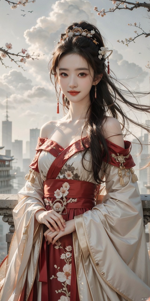  best quality, masterpiece, cowboy_shot,(Good structure), DSLR Quality,Depth of field,kind smile,looking_at_viewer,Dynamic pose, 
 ,a girl,xianjing,Off-the-shoulder, bust photo,upper body,, Cloud, Smoke,branch,flower, smile,Gaze at the audience, , ((poakl)), ,looking_at_viewer,kind smile, , liuyifei,long_hair, chineseclothes, 1girl