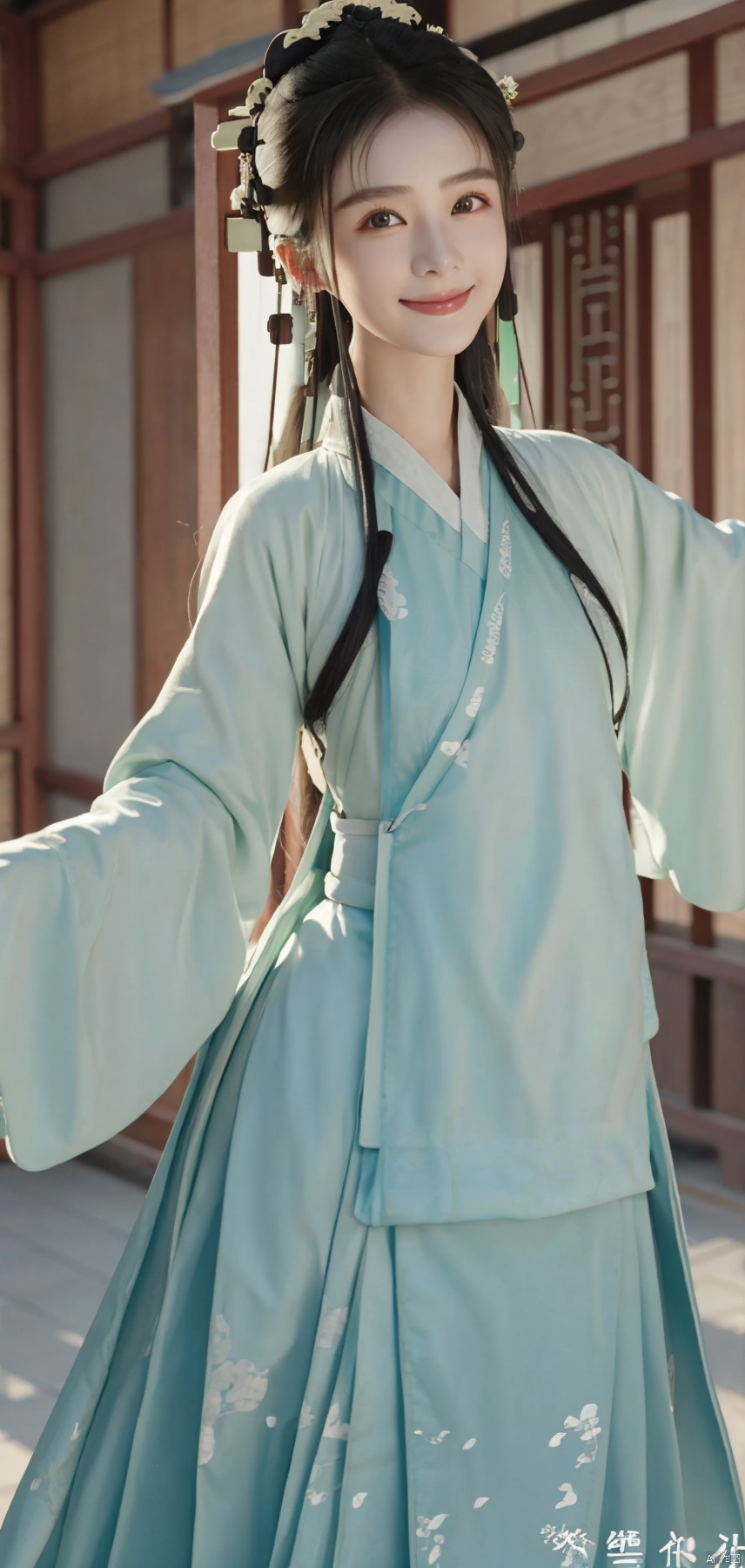 best quality, masterpiece, realistic,cowboy_shot,(Good structure), DSLR Quality,Depth of field,kind smile,looking_at_viewer,Dynamic pose, 
1girl,lianmo,dress,hanfu,chinese clothes