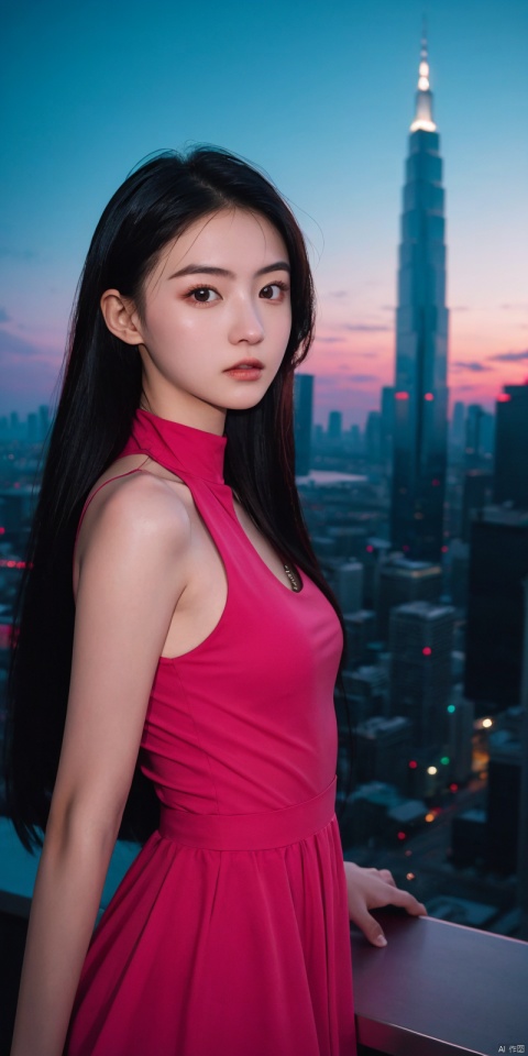  neonpunk style Neon noir leogirl,hANMEIMEI,realistic photography,,On the rooftop of a towering skyscraper,a girl stands,facing the camera directly. Behind her,a multitude of skyscrapers stretches into the distance,creating a breathtaking urban panorama. It's the perfect dusk moment,with the evening sun casting a warm glow on the girl's face,intensifying the scene's impact. The photo captures a sense of awe,with the sharpness and realism making every detail vivid and clear,Hair fluttered in the wind,long hair,halterneck, . cyberpunk, vaporwave, neon, vibes, vibrant, stunningly beautiful, crisp, detailed, sleek, ultramodern, magenta highlights, dark purple shadows, high contrast, cinematic, ultra detailed, intricate, professional, Light master,, , yunv