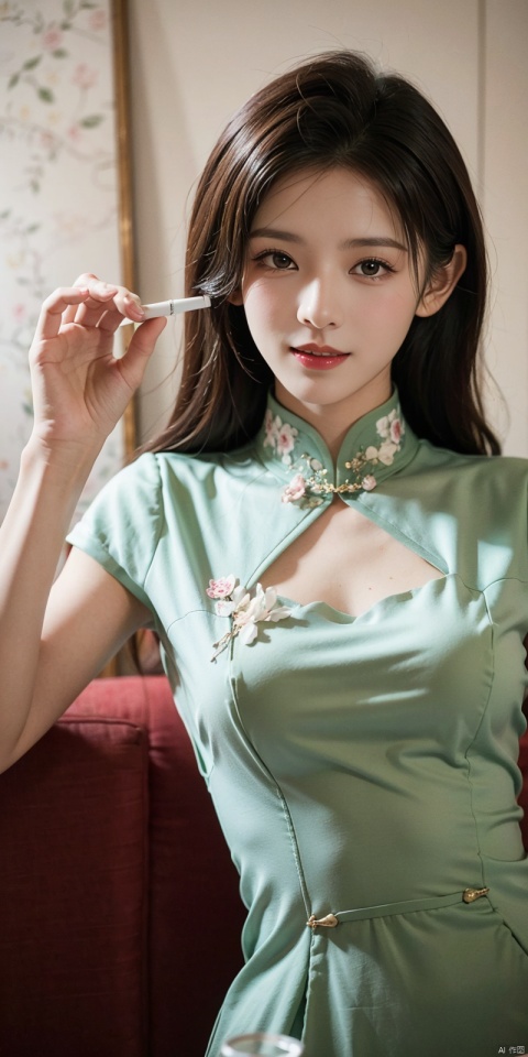  (Good structure), DSLR Quality,Depth of field,kind smile,looking_at_viewer,Dynamic pose,,,
The image is a well-composed, vintage-inspired photograph featuring a model in a green floral cheongsam, holding a cigarette holder. The model's pose and expression exude confidence and allure. The image is well-lit and of high quality, with excellent color balance and contrast. The background is blurred, further emphasizing the model as the main subject. The vintage aesthetic is well-executed, showcasing the photographer's skill and talent., Detail, zhangyuxi