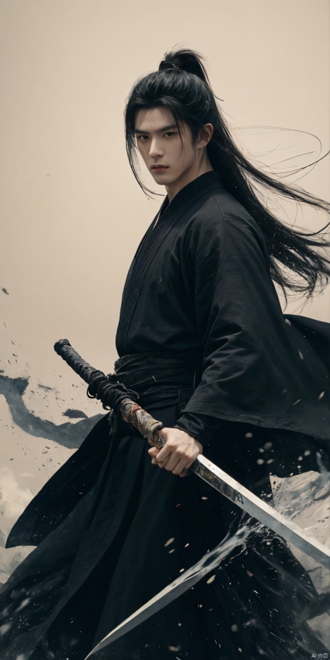  sdmai, wuxia, Chinese ink painting, artistic ink painting, Chinese martial arts films, wearing black robes, fighting posture, cinematic grandeur, splashing details, wild and powerful, solo, weapon, black hair, sword, long hair, male focus, looking at viewer, (1boy), scar, asuo