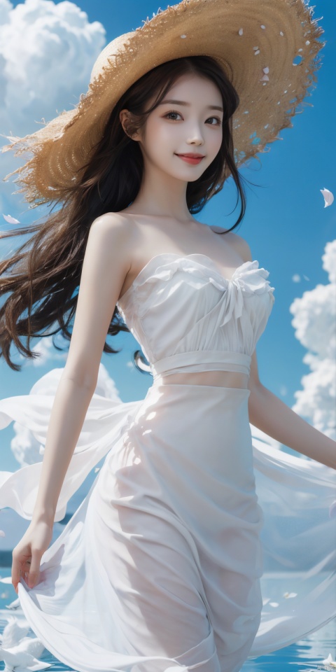 best quality, masterpiece, cowboy_shot,(Good structure), DSLR Quality,Depth of field,kind smile,looking_at_viewer,Dynamic pose, 
, depth of field, (1girl:1.2), , very long hair, low twintails, yellow eyes, light smile, Straw hat, looking at viewer,
white shirt, white skirt, (flying white chiffon:1.5), bare shoulder,
(flying blue petals:1.2), (standing above water surface), sky background, (cloud:1.2), white bird, floating water drops, (white border:1.2)
, backlight,lizhien