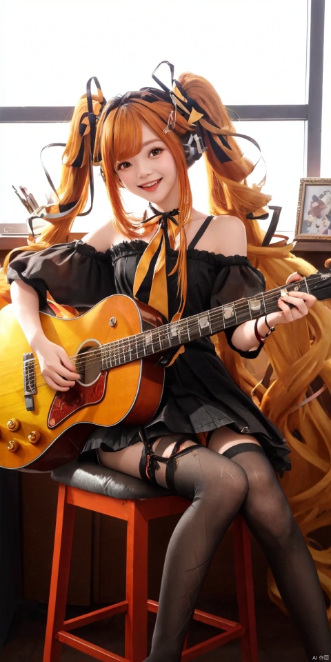  (Good structure),cowboy_shot,solo, 1girl, long hair, ,, thighhighs, very long hair, 
(masterpiece), (best quality), illustration, ultra detailed, hdr, Depth of field, (colorful), loli, 1girl, instrument, solo, long hair, very long hair, detached sleeves, sitting, neck ribbon, headphones, ribbon, high heels, playing instrument, guitar,holding, music, , holding instrument, petals, open mouth, bare shoulders, hair between eyes, stool,looking at viewer, hair ornament, nail polish,electric guitar, smile, ((poakl)), blackpantyhose, anqila,anqila,orange hair,twintails,yelloweyes