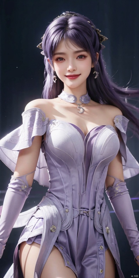  best quality, masterpiece, realistic,cowboy_shot,(Good structure), DSLR Quality,Depth of field,kind smile,looking_at_viewer,Dynamic pose, 
1 girl,(Purple light effect),hair ornament,jewelry,looking at viewer, , , dofas,(ultra-detailed crystallization),transparent crystals, , , , , , jiziyue.Purple hair, weddingdress