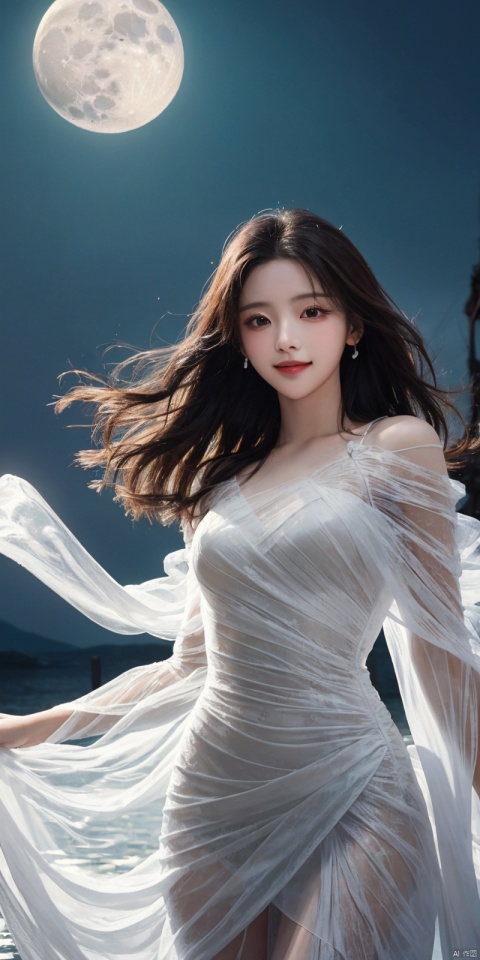  best quality, masterpiece, cowboy_shot,(Good structure), DSLR Quality,Depth of field,kind smile,looking_at_viewer,Dynamic pose, 
1 girl,(translucent white gauze dress:1.3), (moon), moonlight, water surface, long hair, windy, yangchaoyue