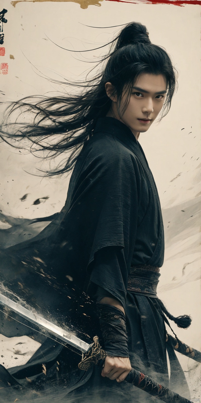 best quality, masterpiece, realistic,cowboy_shot,(Good structure), DSLR Quality,Depth of field,kind smile,looking_at_viewer,Dynamic pose, 
sdmai, wuxia, Chinese ink painting, artistic ink painting, Chinese martial arts films, wearing black robes, fighting posture, cinematic grandeur, splashing details, wild and powerful, solo, weapon, black hair, sword, long hair, male focus, looking at viewer, (1boy), scar, asuo,  