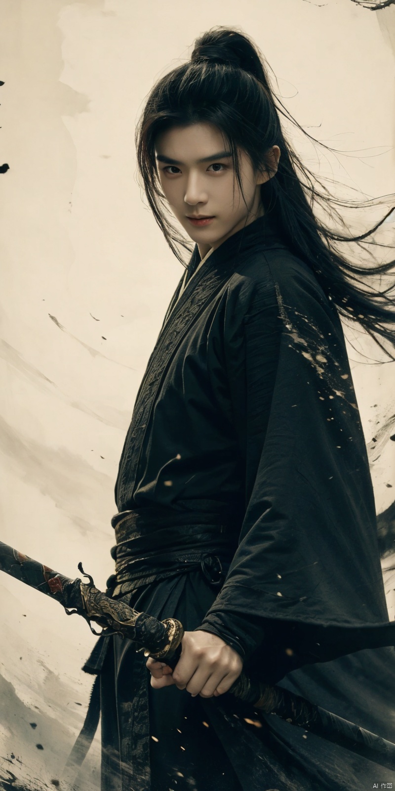 best quality, masterpiece, realistic,cowboy_shot,(Good structure), DSLR Quality,Depth of field,kind smile,looking_at_viewer,Dynamic pose, 
sdmai, wuxia, Chinese ink painting, artistic ink painting, Chinese martial arts films, wearing black robes, fighting posture, cinematic grandeur, splashing details, wild and powerful, solo, weapon, black hair, sword, long hair, male focus, looking at viewer, (1boy), scar, asuo,  