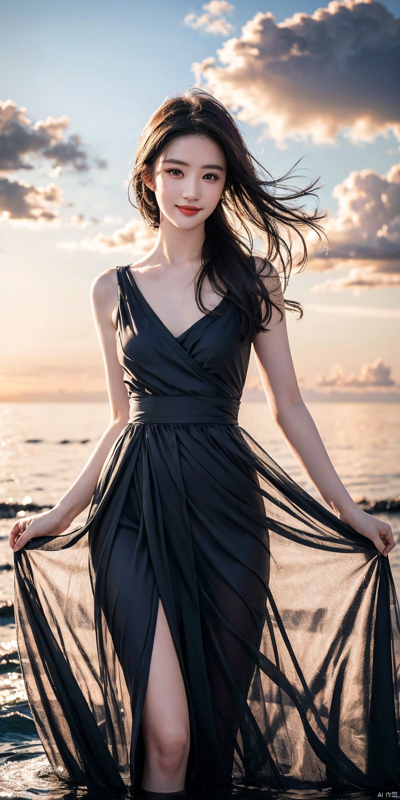  best quality, masterpiece, realistic, ,(Good structure), DSLR Quality,Depth of field,kind smile,looking_at_viewer,Dynamic pose, 
1girl, solo, looking at viewer, , ,, , bangs, black hair, dress, ribbon, bare shoulders, brown eyes, standing, collarbone, :d, outdoors, sky, sleeveless, cloud, signature, blunt bangs, water, white dress, bare arms, black ribbon, sleeveless dress, ocean, sunlight, wading, sunset, skirt hold, sun, horizon, sundress, see-through silhouette, liuyifei