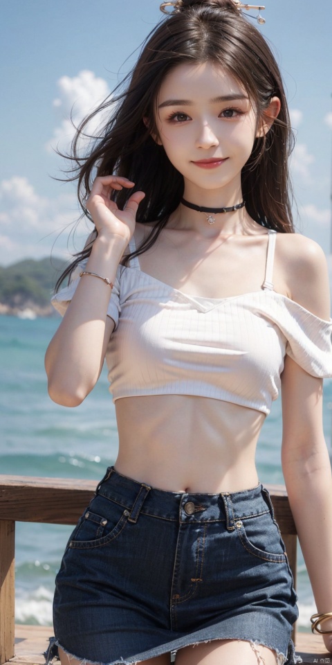  cowboy_shot,(Good structure), DSLR Quality,Short skirt,Blue sky, white clouds, ocean, nai3, 1girl, solo, crop top, , choker, navel, shirt, midriff, crop top overhang, looking at viewer, white shirt, jewelry, breasts, bare shoulders, off-shoulder shirt, off shoulder, black choker, thighs, stomach, long hair, bracelet, short sleeves, ribbon, hand up, collarbone, hair ribbon, medium breasts, , bra strap, , hair ornament, thigh gap, necklace, expressionless, , ,kind smile, , hanikezi