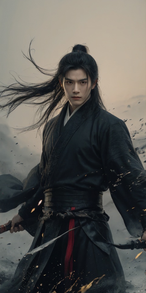  sdmai, wuxia, Chinese ink painting, artistic ink painting, Chinese martial arts films, wearing black robes, fighting posture, cinematic grandeur, splashing details, wild and powerful, solo, weapon, black hair, sword, long hair, male focus, looking at viewer, (1boy), scar, asuo