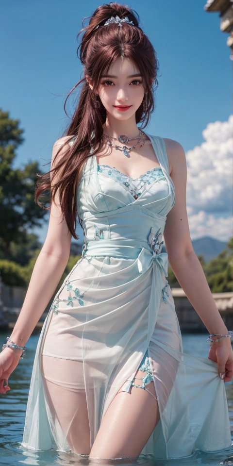  best quality, masterpiece, realistic, ,(Good structure), DSLR Quality,Depth of field,kind smile,looking_at_viewer,Dynamic pose, 
1girl, solo, long hair, breasts, looking at viewer, blush, , bangs, blue eyes,, dress, bow, , bare shoulders, jewelry, very long hair, collarbone, ponytail, white hair, hair bow, thighs, outdoors, sky, sleeveless, day, cloud, water, necklace, white dress, hair over one eye, bracelet, blue sky, blue bow, wading, pendant, doll, skirt hold, rainbow, anastasia \(fate\),
 , yeqinxian