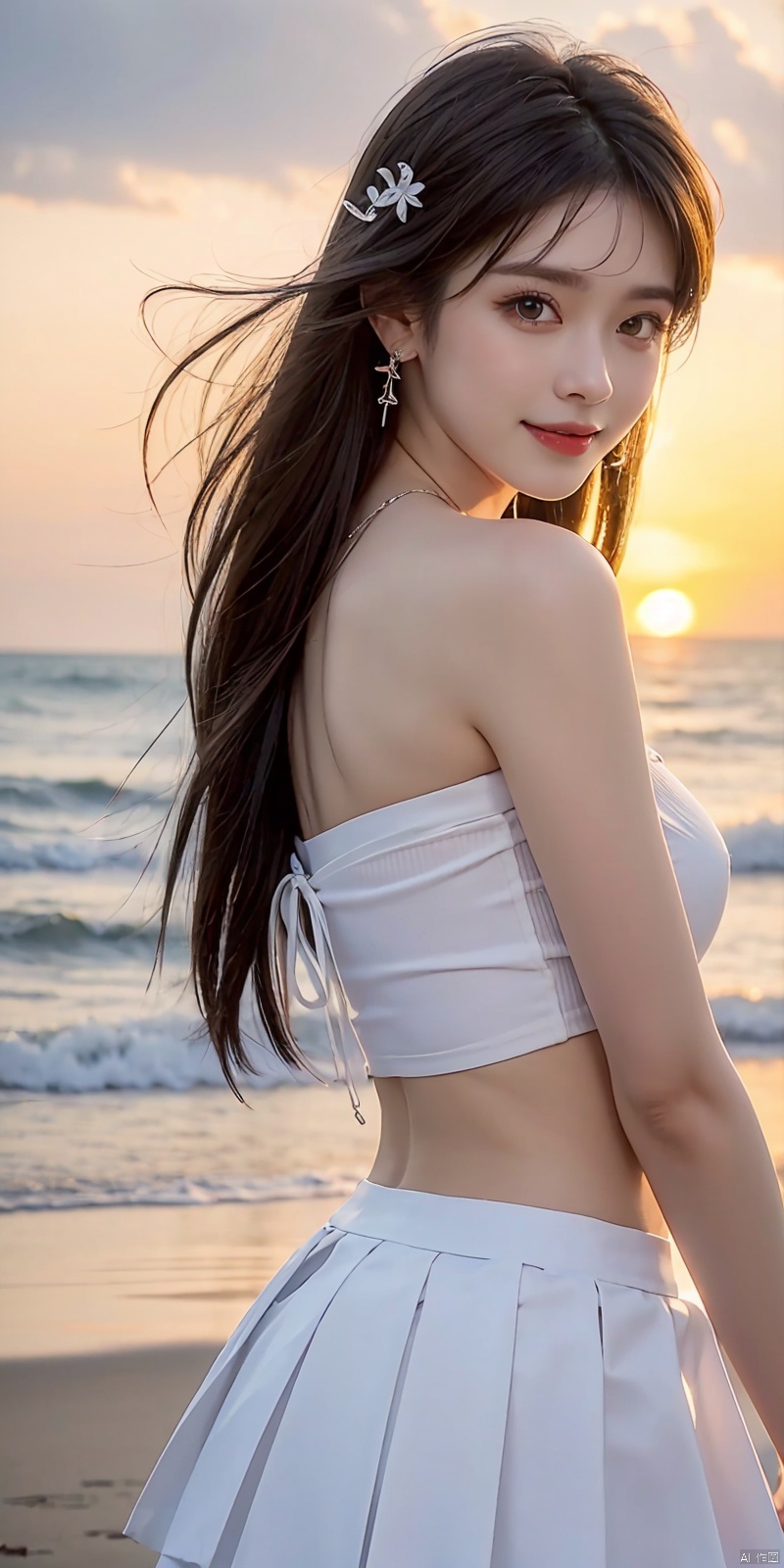  (Good structure),cowboy_shot, DSLR Quality,Depth of field ,looking_at_viewer,Dynamic pose, , kind smile,,
1girl, solo, long hair,  , looking at viewer, skirt, hair ornament, bare shoulders, jewelry,  , black hair, earrings, outdoors, midriff, water, necklace, lips, crop top, grey eyes, leaning forward, ocean, white skirt, strapless vest, sunset, sun, qingyi, 