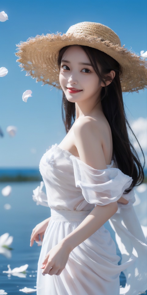 best quality, masterpiece, cowboy_shot,(Good structure), DSLR Quality,Depth of field,kind smile,looking_at_viewer,Dynamic pose, 
, depth of field, (1girl:1.2), , very long hair, low twintails, yellow eyes, light smile, Straw hat, looking at viewer,
white shirt, white skirt, (flying white chiffon:1.5), bare shoulder,
(flying blue petals:1.2), (standing above water surface), sky background, (cloud:1.2), white bird, floating water drops, (white border:1.2)
, backlight,lizhien