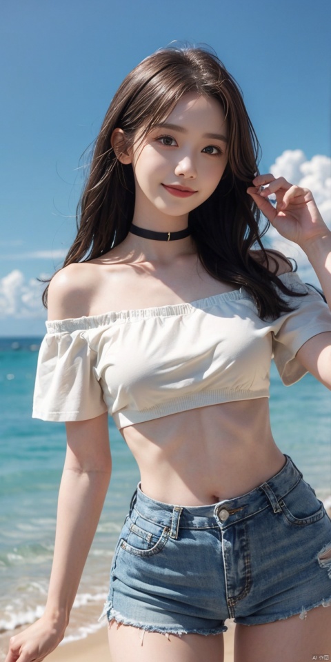 (Good structure), DSLR Quality,Depth of field,kind smile,looking_at_viewer,Dynamic pose,,
, Blue sky, white clouds, ocean,nai3, 1girl, shorts, solo, crop top, black shorts, choker, navel, shirt, midriff, crop top overhang, looking at viewer, white shirt, jewelry, breasts, bare shoulders, short shorts, off-shoulder shirt, off shoulder, black choker, thighs, stomach, hand on own thigh, long hair, bracelet, short sleeves, ribbon, hand up, collarbone, hair ribbon, medium breasts, standing, high-waist shorts, dolphin shorts, bra strap, , hair ornament, thigh gap, necklace, expressionless, ,  , , ,linyuner