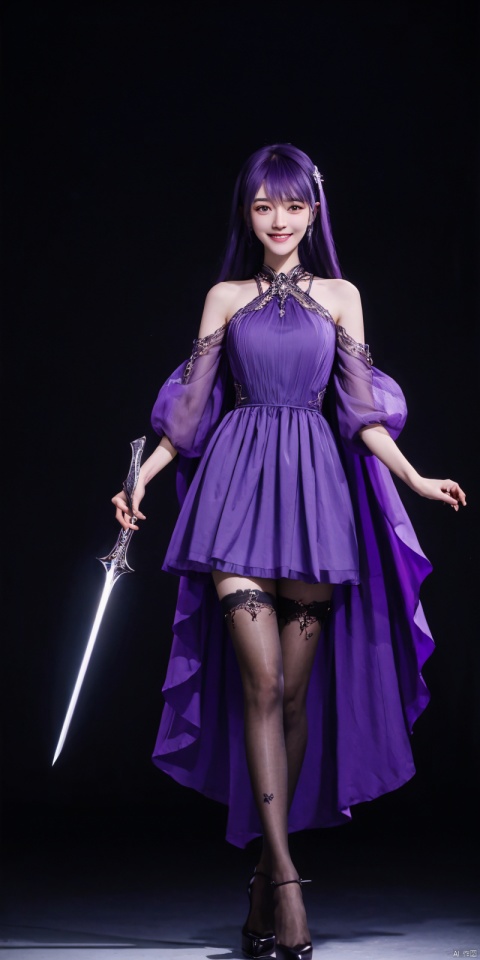  Cowboy lens, (good structure), SLR quality, depth of field, friendly smile, looking at viewer, dynamic posture, 1 girl asymmetrical sleeves, purple hair, long hair, solo, dress, hair accessories, weapons, purple dress, bare legs, short sword, cowboy lens,
Movies, natural light, solo, 1Girl, wind, full body, standing, outdoor, flowing hair, friendly smile, photography posture, dynamic posture, looking at the audience, excellent skin texture, deep gaze, cheerful atmosphere, eye-catching resin jewelry style, matte photos, minimalist beauty, meticulous line accuracy, high resolution, 8K, flower language, 1Girr, thighhighs, high heels, BY MOONCRYPTOWOW, Detail, black pantyhose, ,shengcaier, blackpantyhose