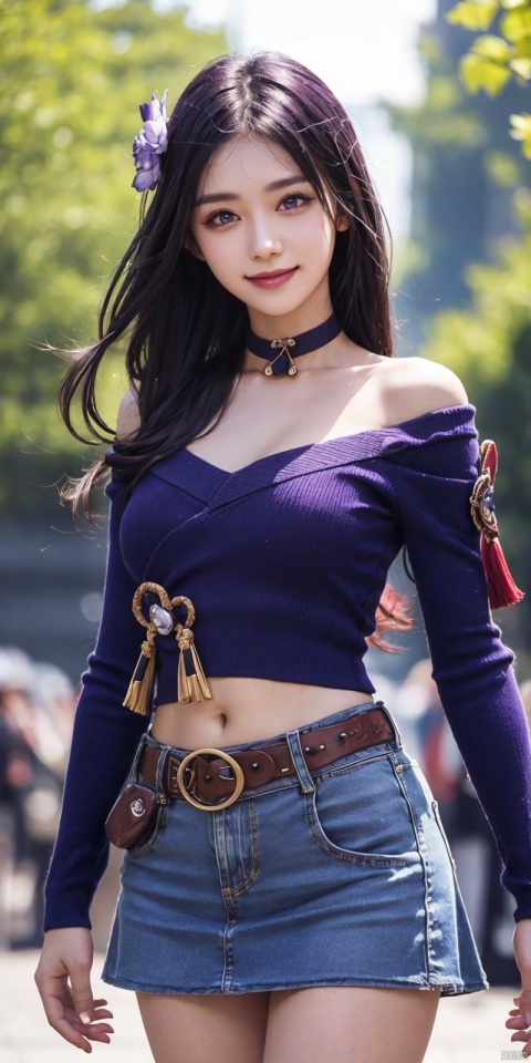  best quality, masterpiece, cowboy_shot,(Good structure), DSLR Quality,Depth of field,kind smile,looking_at_viewer,Dynamic pose,
 1girl, 3d, bare_shoulders, belt, blurry, blurry_background, blurry_foreground, branch, , , , collarbone, cosplay_photo, denim, denim_skirt, depth_of_field, , lips, long_hair, looking_at_viewer, midriff, miniskirt, motion_blur, navel, outdoors, photo_\(medium\), realistic, skirt, solo, standing, tree, , , , purple_hair, raiden shogun