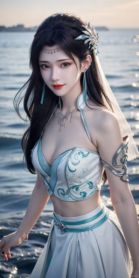  best quality, masterpiece, realistic,cowboy_shot,(Good structure), DSLR Quality,Depth of field,kind smile,looking_at_viewer,Dynamic pose, 
1girl, solo, long hair, , looking at viewer, skirt, hair ornament, bare shoulders, jewelry, , black hair, earrings, outdoors, midriff, water, necklace, lips, crop top, grey eyes, leaning forward, ocean, white skirt, strapless vest, sunset, sun, , , meidusha, , weddingdress, yunyun,wings
