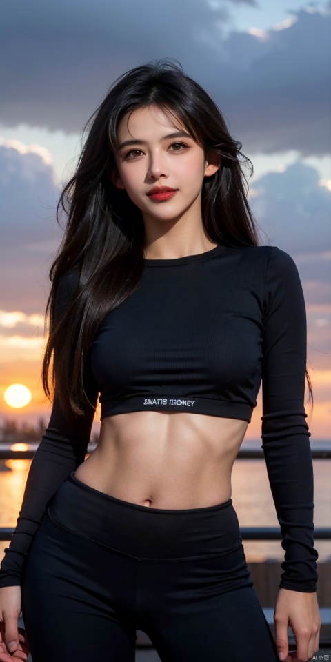  (Good structure),cowboy_shot, DSLR Quality,Depth of field ,looking_at_viewer,Dynamic pose, , kind smile,
,Frontal photography,Look front,evening,dark clouds,the setting sun,On the city rooftop,1girl,Black top,Black Leggings,black hair,long hair, dark theme, muted tones, pastel colors, high contrast, (natural skin texture, A dim light, high clarity), ((sky background)),((Facial highlights)),
