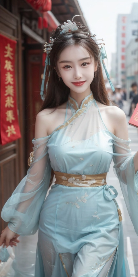 best quality, masterpiece, realistic,cowboy_shot,(Good structure), DSLR Quality,Depth of field,kind smile,looking_at_viewer,Dynamic pose, 
, ultra high res,1girl, , looking at viewer,(see-through dress),bare shoulders,dress,qi pao,ancient Chinese street ,Chinese dress,, yosshi film, standing, one girls, chinese_clothes, Chinese costume, street, smiling, holding_wood_box , ganyu (genshin impact), 1girl,  drakan_longdress_dragon crown_headdress, wunv, , zixia