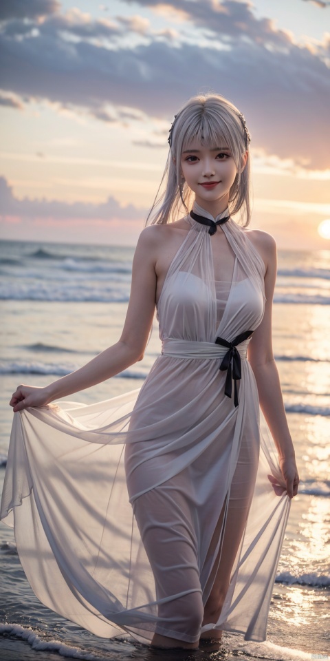  best quality, masterpiece, realistic, ,(Good structure), DSLR Quality,Depth of field,kind smile,looking_at_viewer,Dynamic pose, 
1girl, solo, looking at viewer, , ,, , bangs,  , dress, ribbon, bare shoulders,  , standing, collarbone,  outdoors, sky, sleeveless, cloud, signature, blunt bangs, water, white dress, bare arms, black ribbon, sleeveless dress, ocean, sunlight, wading, sunset, skirt hold, sun, horizon, sundress, see-through silhouette,  , xiaoyixian,white hair