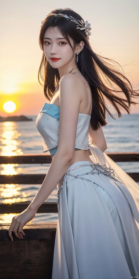  best quality, masterpiece, realistic,cowboy_shot,(Good structure), DSLR Quality,Depth of field,kind smile,looking_at_viewer,Dynamic pose, 
1girl, solo, long hair, , looking at viewer, skirt, hair ornament, bare shoulders, jewelry, , black hair, earrings, outdoors, midriff, water, necklace, lips, crop top, grey eyes, leaning forward, ocean, white skirt, strapless vest, sunset, sun, , , meidusha, , weddingdress