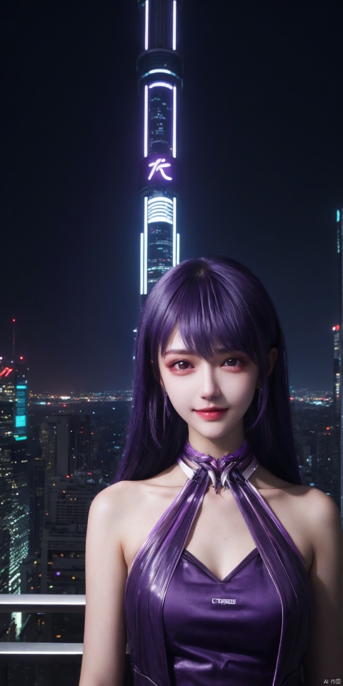 best quality, masterpiece, realistic,upper_body,(Good structure), DSLR Quality,Depth of field,kind smile,looking_at_viewer,Dynamic pose, 
 neonpunk style Neon noir leogirl,hANMEIMEI,realistic photography,,On the rooftop of a towering skyscraper,a girl stands,facing the camera directly. Behind her,a multitude of skyscrapers stretches into the distance,creating a breathtaking urban panorama. It's the perfect dusk moment,with the evening sun casting a warm glow on the girl's face,intensifying the scene's impact. The photo captures a sense of awe,with the sharpness and realism making every detail vivid and clear,Hair fluttered in the wind,long hair,halterneck, . cyberpunk, vaporwave, neon, vibes, vibrant, stunningly beautiful, crisp, detailed, sleek, ultramodern, magenta highlights, dark purple shadows, high contrast, cinematic, ultra detailed, intricate, professional, ,, ,shengcaier,purple_hair