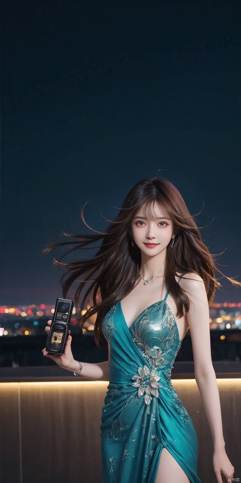  best quality, masterpiece, cowboy_shot,(Good structure), DSLR Quality,Depth of field,kind smile,looking_at_viewer,Dynamic pose, 
 （Front focus）,（in the darkness nigth：1.6）,Surrealist portraitsofwomenbyDavidHockneyandAlphonseMucha,Fantasyart,photographrealistic,动态照明,artstation,sportrait,daysies,depthoffields,独奏, 
（（tmasterpiece））Volumetriclighting,Very detailed faces,4 k,Award-Awarded, , 
,
neonpunk style Neon noir leogirl,hANMEIMEI,realistic photography,,On the rooftop of a towering skyscraper,a girl stands,facing the camera directly. Behind her,a multitude of skyscrapers stretches into the distance,creating a breathtaking urban panorama. It's the perfect dusk moment,with the evening sun casting a warm glow on the girl's face,intensifying the scene's impact. The photo captures a sense of awe,with the sharpness and realism making every detail vivid and clear,Hair fluttered in the wind,long hair,halterneck, . cyberpunk, vaporwave, neon, vibes, vibrant, stunningly beautiful, crisp, detailed, sleek, ultramodern, magenta highlights, dark purple shadows, high contrast, cinematic, ultra detailed, intricate, professional, ((poakl)), Light master,, ,, , dress,blue dress, 1girl,kind smile, ,, wangyushan