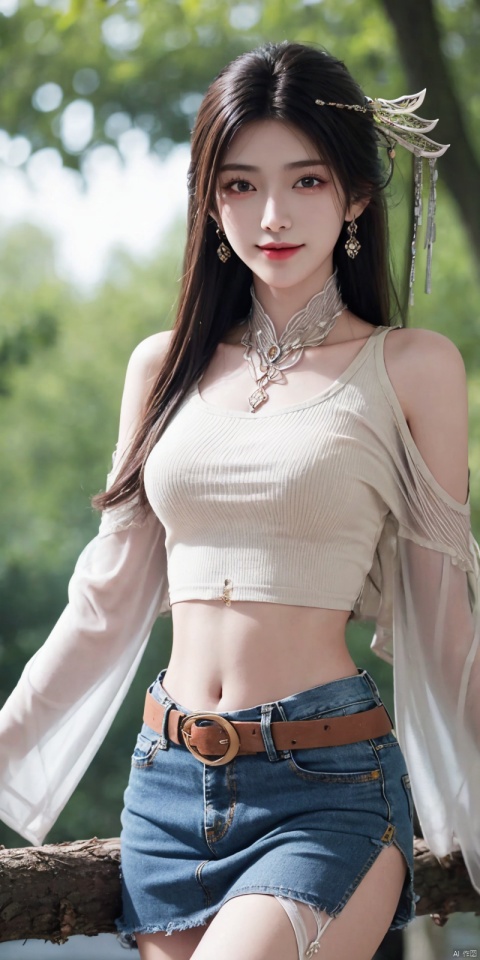 best quality, masterpiece, realistic,cowboy_shot,(Good structure), DSLR Quality,Depth of field,kind smile,looking_at_viewer,Dynamic pose, 
 1girl, 3d, bare_shoulders, belt, blurry, blurry_background, blurry_foreground, branch, , , , collarbone, *******_photo, denim, denim_skirt, depth_of_field, , lips, long_hair, looking_at_viewer, midriff, miniskirt, motion_blur, navel, outdoors, photo_\(medium\), realistic, skirt, solo, standing, tree, , ,  , , , , , , , ,jinpinger