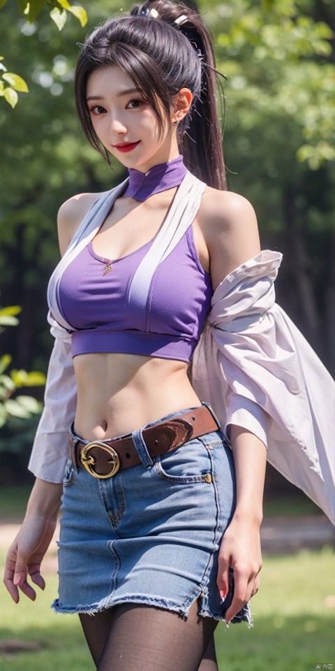  best quality, masterpiece, cowboy_shot,(Good structure), DSLR Quality,Depth of field,kind smile,looking_at_viewer,Dynamic pose,
 1girl, 3d, bare_shoulders, belt, blurry, blurry_background, blurry_foreground, branch, , , , collarbone, cosplay_photo, denim, denim_skirt, depth_of_field, , lips, long_hair, looking_at_viewer, midriff, miniskirt, motion_blur, navel, outdoors, photo_\(medium\), realistic, skirt, solo, standing, tree, , , , , hanyue, high ponytail, purple hair, blackpantyhose