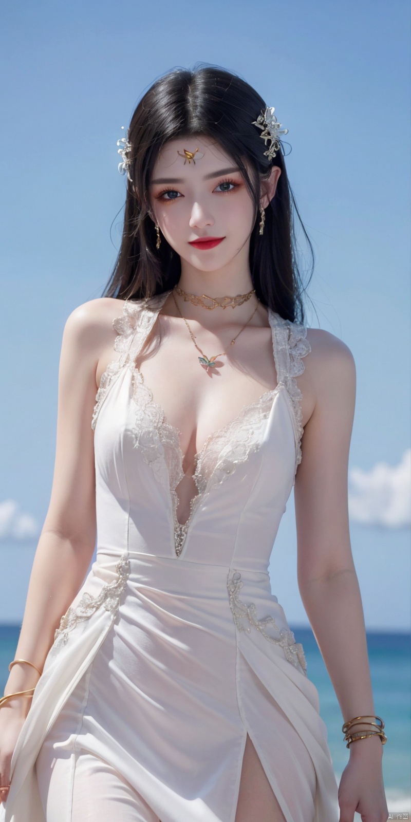  best quality, masterpiece, realistic, ,(Good structure), DSLR Quality,Depth of field,kind smile,looking_at_viewer,Dynamic pose, 
1girl, solo, long hair, , looking at viewer, blush, , bangs, blue eyes,, dress, bow, jewelry, very long hair, collarbone,hair bow, thighs, outdoors, sky, sleeveless, day, cloud, water, necklace, white dress, hair over one eye, bracelet, blue sky, blue bow, wading, pendant, doll, , rainbow, anastasia \(fate\), , meidusha, weddingdress