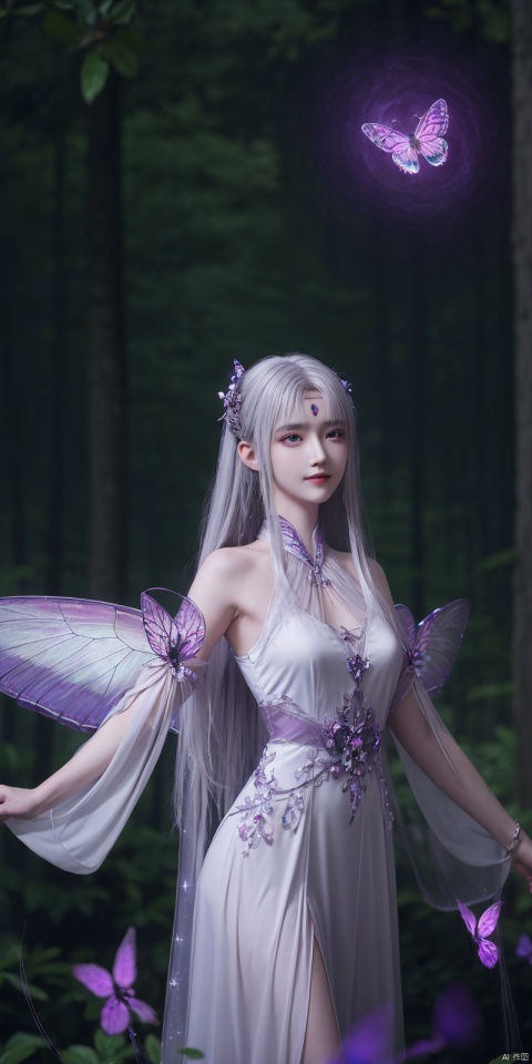  best quality, masterpiece, realistic,cowboy_shot,(Good structure), DSLR Quality,Depth of field,kind smile,looking_at_viewer,Dynamic pose, , professional camera, 8k photos, wallpaper 1 girl, solo,purple hair,ethereal fairy, floating on clouds, sparkling gown with iridescent butterfly wings, holding a magic wand, surrounded by dancing fireflies, twilight sky, full moon, mystical forest in the background, glowing mushrooms, enchanted flowers, softly illuminated by bioluminescence, serene expression, delicate features with pointed ears, flowing silver hair adorned with tiny stars, gentle breeze causing her dress and hair to flow ethereally, dreamlike atmosphere, surreal color palette, high dynamic range lighting, intricate details, otherworldly aesthetic.
, hand, xiaoyixian,white_hair