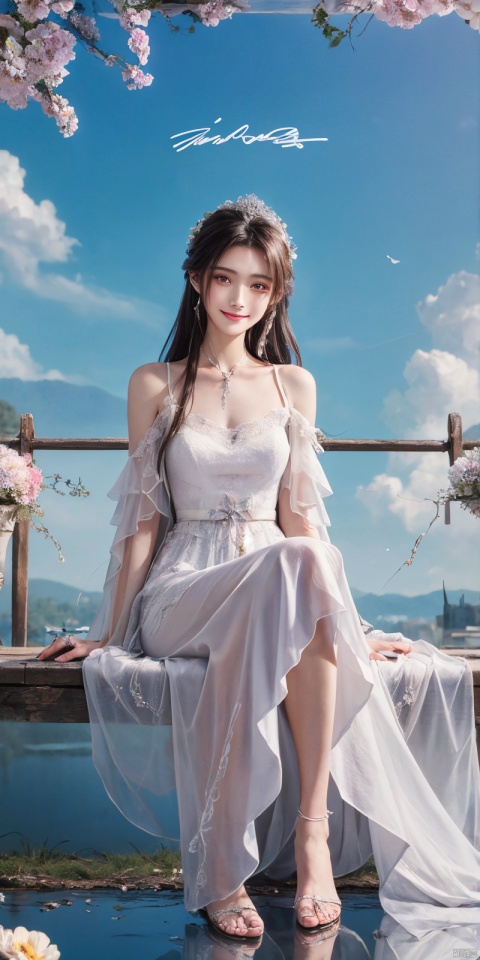  ,(Good structure), DSLR Quality,Depth of field,kind smile,looking_at_viewer,Dynamic pose,,
 best quality, masterpiece, illustration, (reflection light), incredibly absurdres, ((Movie Poster), (signature:1.3), (English text), 1girl, girl middle of flower, pure sky,clear sky, outside, collarbone, sitting, absurdly long hair, clear boundaries of the cloth, white dress, fantastic scenery, ground of flowers, thousand of flowers, colorful flowers, flowers around her, various flowers,bare shoulders,skirt, sandals,, , weddingdress, , , luxueqi