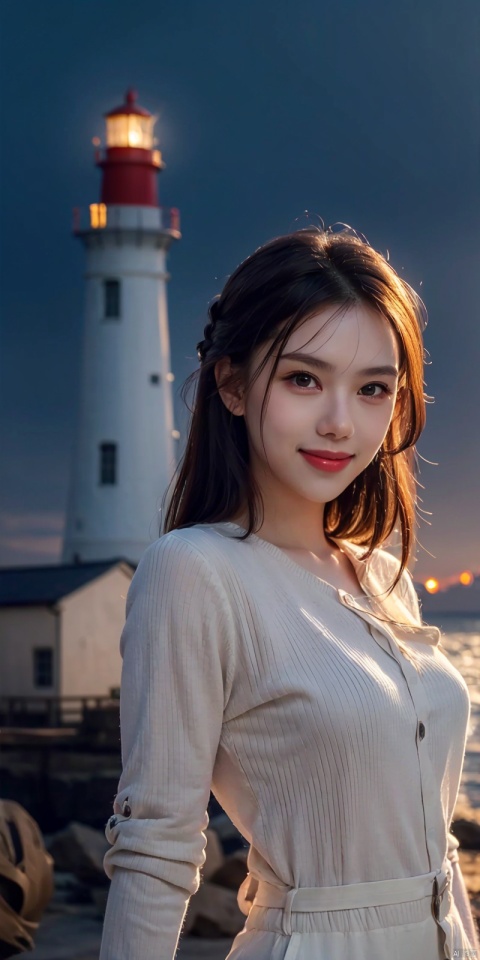 (Good structure), DSLR Quality,Depth of field ,looking_at_viewer,Dynamic pose, , kind smile, 
 ((masterpiece, highest quality, Highest image quality, High resolution, photorealistic, Raw photo, 8K)), lighthouse, lighthouse keeper,zixia,heiguafu