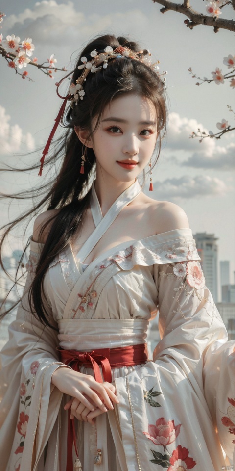  best quality, masterpiece, cowboy_shot,(Good structure), DSLR Quality,Depth of field,kind smile,looking_at_viewer,Dynamic pose, 
 ,a girl,xianjing,Off-the-shoulder, bust photo,upper body,, Cloud, Smoke,branch,flower, smile,Gaze at the audience, , ((poakl)), ,looking_at_viewer,kind smile, , liuyifei,long_hair, chineseclothes, 1girl