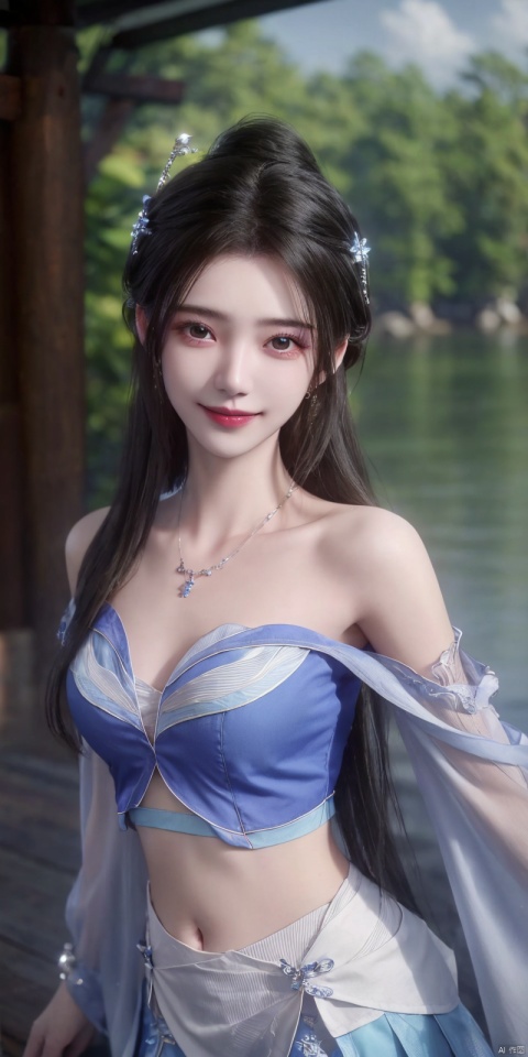  best quality, masterpiece, realistic,cowboy_shot,(Good structure), DSLR Quality,Depth of field,kind smile,looking_at_viewer,Dynamic pose, 
1girl, solo, long hair, , looking at viewer, skirt, hair ornament, bare shoulders, jewelry, , black hair, earrings, outdoors, midriff, water, necklace, lips, crop top, grey eyes, leaning forward, ocean, white skirt, strapless vest, sunset, sun, , ,  , limuwan