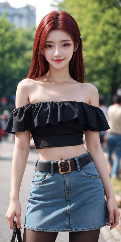  best quality, masterpiece, cowboy_shot,(Good structure), DSLR Quality,Depth of field,kind smile,looking_at_viewer,Dynamic pose,
 1girl, 3d, bare_shoulders, belt, blurry, blurry_background, blurry_foreground, branch, , , , collarbone, cosplay_photo, denim, denim_skirt, depth_of_field, , lips, long_hair, looking_at_viewer, midriff, miniskirt, motion_blur, navel, outdoors, photo_\(medium\), realistic, skirt, solo, standing, tree, , , , , , red_hair, , yefei, blackpantyhose