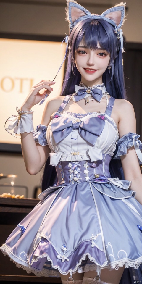 best quality, masterpiece, realistic,cowboy_shot,(Good structure), DSLR Quality,Depth of field,kind smile,looking_at_viewer,Dynamic pose, 
(wariza),,Girl, bare shoulders, blue hair, boobs, bow tie, brown eyes, cat ears, collar, ((Lolita Dress: 1.4)) , blue and white Lolita dress, wrinkled leg outfit, hand-held, lips, nose, shoulders, , alone, long_hair, kind smile, looking at the audience, white leg costume, wrist cuffs, 1girl,,looking_at_viewer, , lolidress, ,, ,purple hair, shengcaier