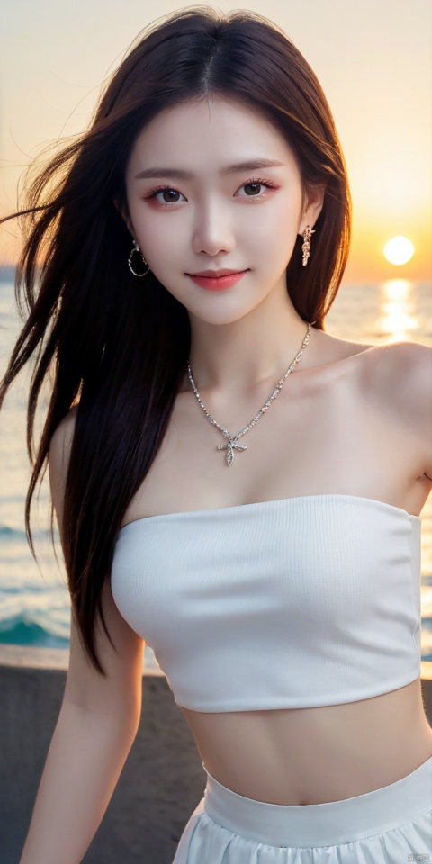  best quality, masterpiece, realistic,cowboy_shot,(Good structure), DSLR Quality,Depth of field,kind smile,looking_at_viewer,Dynamic pose, 
1girl, solo, long hair, , looking at viewer, skirt, hair ornament, bare shoulders, jewelry, , black hair, earrings, outdoors, midriff, water, necklace, lips, crop top, grey eyes, leaning forward, ocean, white skirt, strapless vest, sunset, sun, , , , nalanyanran