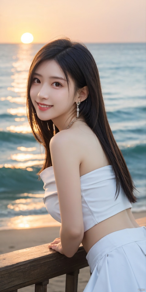  best quality, masterpiece, realistic,cowboy_shot,(Good structure), DSLR Quality,Depth of field,kind smile,looking_at_viewer,Dynamic pose, 
1girl, solo, long hair, , looking at viewer, skirt, hair ornament, bare shoulders, jewelry, , black hair, earrings, outdoors, midriff, water, necklace, lips, crop top, grey eyes, leaning forward, ocean, white skirt, strapless vest, sunset, sun, , , ,  tifa