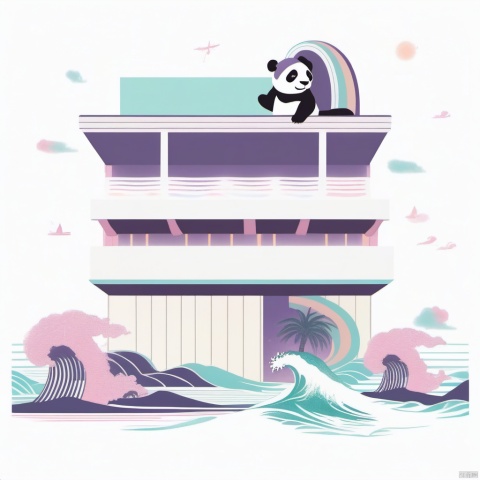 Pastel color palette, in dreamy soft pastel hues, pastelcore, pop surrealism poster illustration || A Majestic and trained panda surfing on a surfboard on The Great Wave off Kanagawa While holding a vinyl record in its hand || bright hazy pastel colors, whimsical, impossible dream, pastelpunk aesthetic fantasycore art