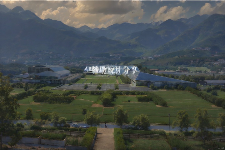  (masterpiece), (best quality), 8k, high detailed, ultra-detailed, 
An ecological factory park,roofgardens,background field,
