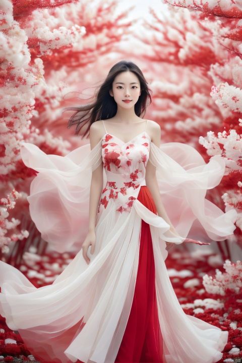 chinese girl,look at the camera,This is a very artistic picture,dreamy and beautiful,showing a woman in a long red and white dress standing in a huge,abstract background. the background is composed of white and pink flower structures these structures look at soft materials,it has a sense of transparency and layering. The female skirt also presents a sense of fluidity and layering,in sharp contrast to the background. Her hair is fluttering in the wind,the whole picture gives a dreamy and elegant feeling