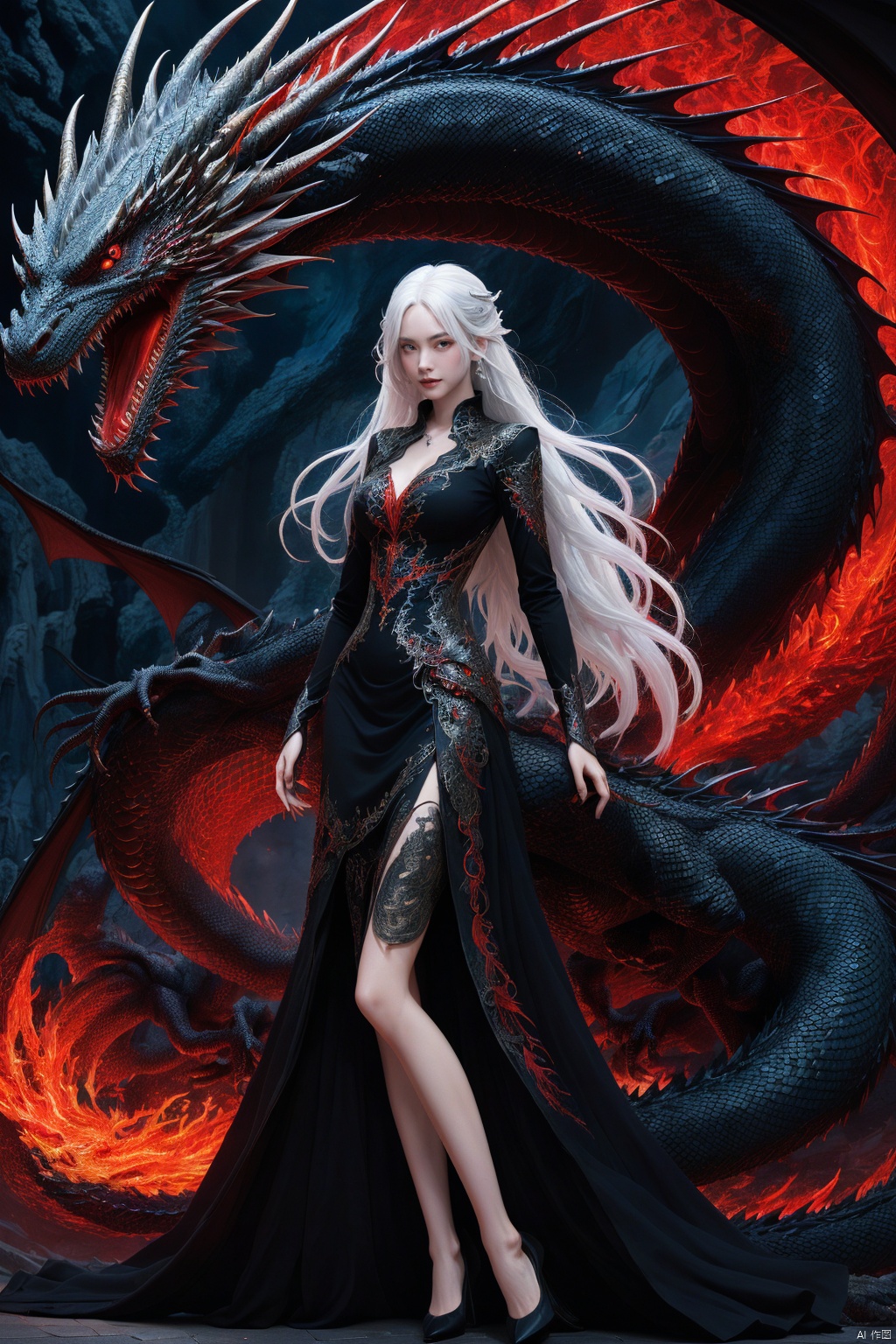 1girl,red eyes,dragon,cool,black dress,fantasy background,Illustrated,long hair,white hair,super precise depiction,multiple colors,high definition,Rich in intricate details. 8K,illustration,crazy colors,full body,long leg