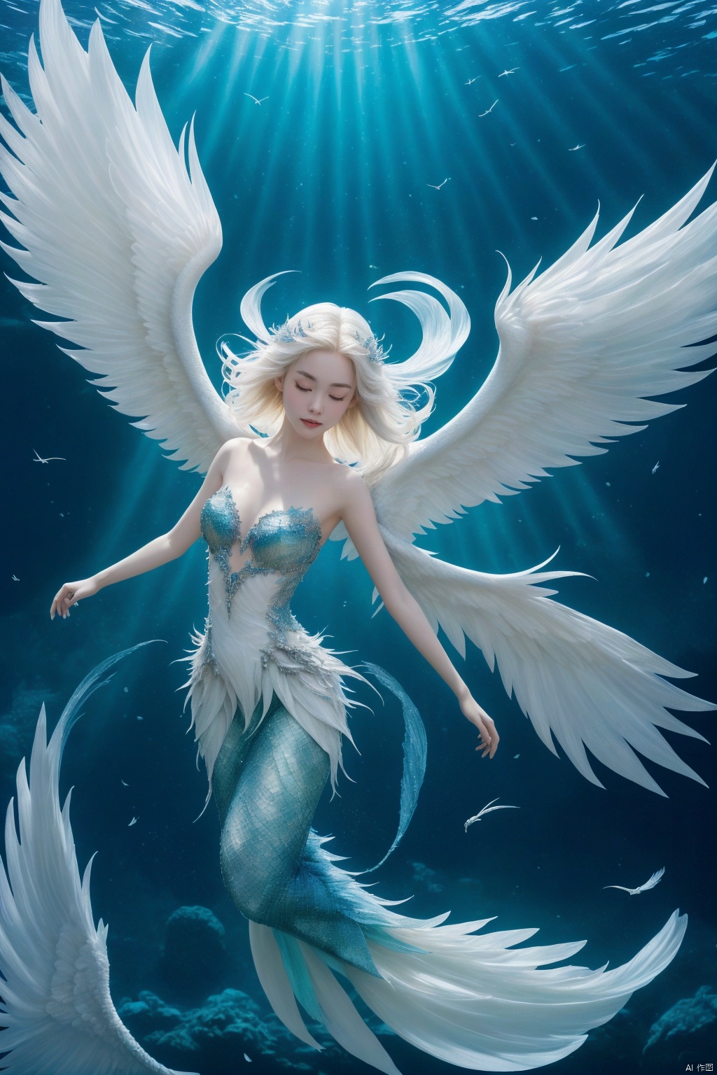 Create a striking image that showcases the wings of an archangel in an anime style. The depicted character is a floating female figure, creating a strong emotional power and presenting as a female demon like character. With the help of the halo of saints, she is engulfed by a mysterious fusion, and her entire body is depicted as composed of white feathers. This CGI rendering should evoke a tense relationship between calmness and turbulence, evoking a sense of "rest".