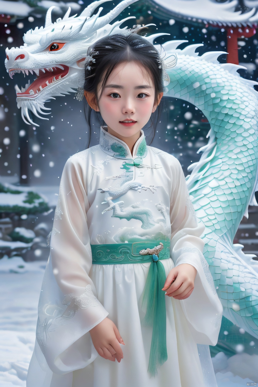 A five-year-old girl,dragon,snow,eastern dragon,snowing,realistic,black hair,hair ornament,dress,chinese clothes,solo,see-through,lips,long sleeves,