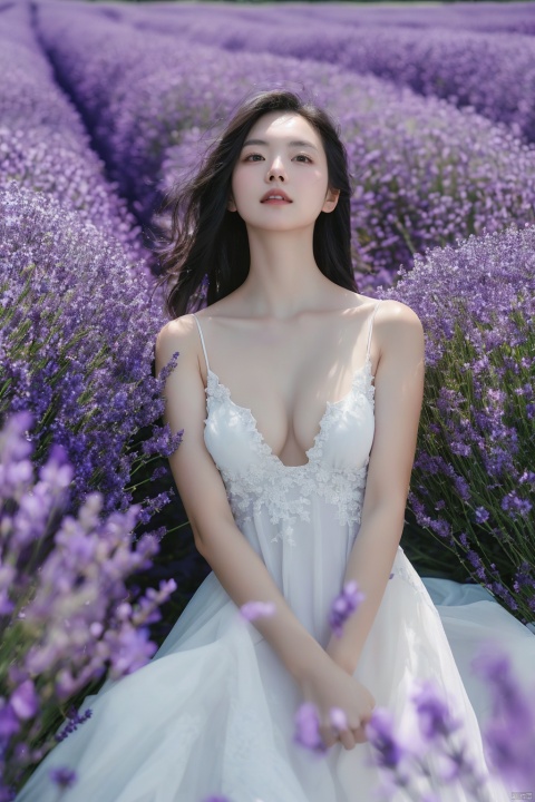 1girl, dress, flower, solo, white dress, black hair, long hair, breasts, parted lips, purple flower, flower field, looking away, cleavage, looking to the side, looking up, field, sleeveless dress, sleeveless, collarbone, realistic, standing, medium breasts, lips
