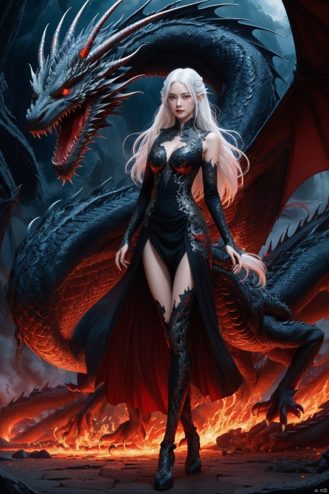 1girl,red eyes,dragon,cool,black dress,fantasy background,Illustrated,long hair,white hair,super precise depiction,multiple colors,high definition,Rich in intricate details. 8K,illustration,crazy colors,full body,long leg, LONGNV