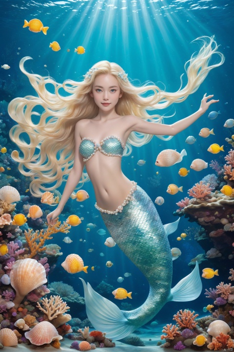 5 year old girl,mermaid,long hair,monster girl,shell,underwater,navel,solo,sunlight,light rays,coral,starfish,blonde hair,bare shoulders,red lips,looking at viewer,floating hair,seashell,sunbeam,air bubble,full body,bubble,flower,shell bikini,collarbone,parted lips,watermark,blue eyes,lips,pearl (gemstone),scales,very long hair,water,rock,stomach,gem,makeup,fish,small breasts,strapless,