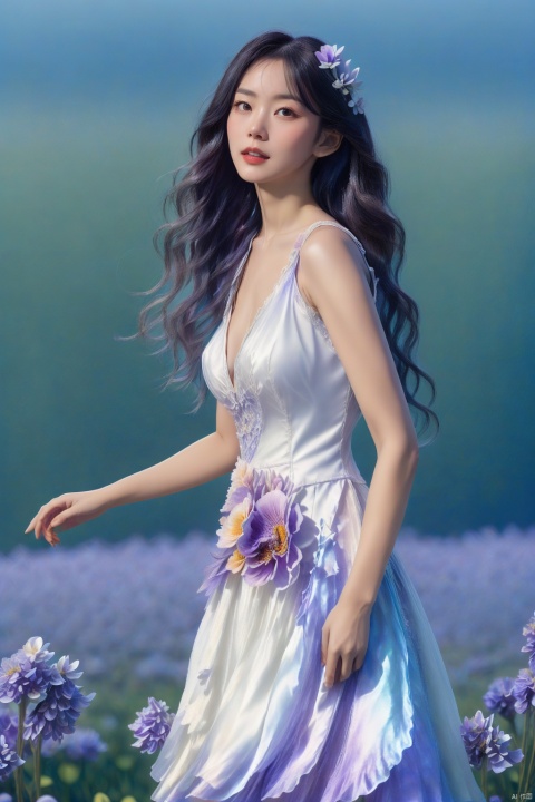 1girl, dress, flower, solo, white dress, black hair, long hair, breasts, parted lips, purple flower, flower field, looking away, cleavage, looking to the side, looking up, field, sleeveless dress, sleeveless, collarbone, realistic, standing, medium breasts, lips