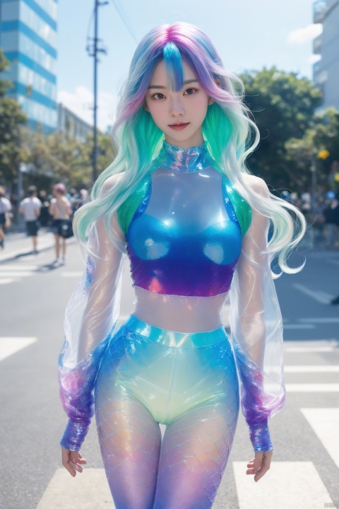  transparent color PVC clothing,transparent color vinyl clothing,prismatic,holographic,chromatic aberration,fashion illustration,masterpiece,girl with harajuku fashion,looking at viewer,8k,ultra detailed,pixiv,solid background,colorful gradient hair, LEISHE, MEIRNEYU